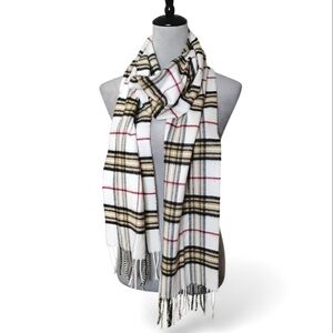 V. Fraas Plaid Scarf White Tan Black Super Soft Fringe Made in Germany Preppy